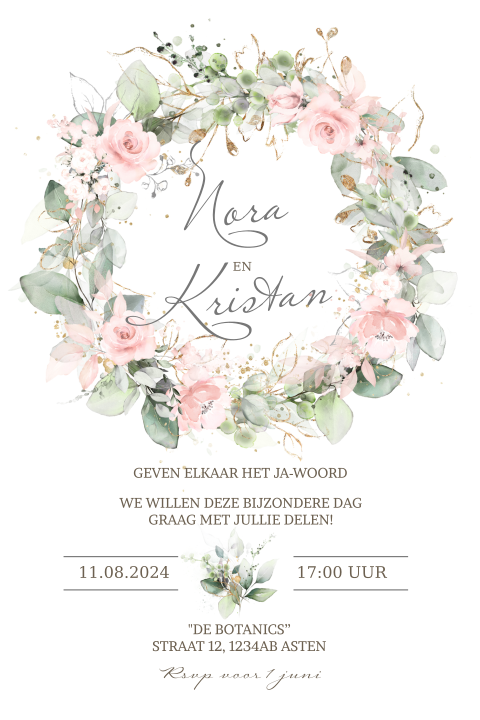Uitnodiging voor een huwelijk bohemian roze bloemen krans