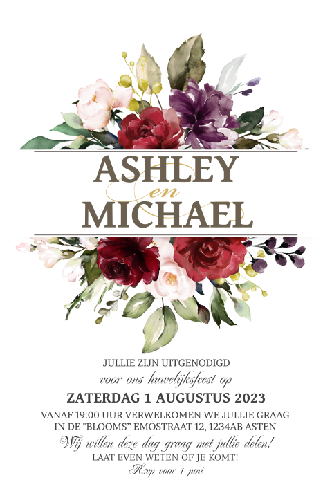 Uitnodiging voor een huwelijk met paarse bloemen