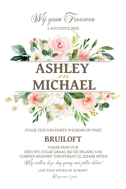 Uitnodiging voor een huwelijk met pastel bloemen