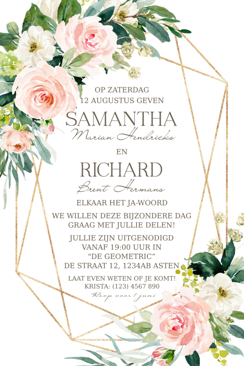 Uitnodiging voor een huwelijk bohemian roze bloemen en goud