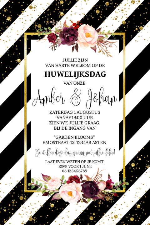 Uitnodiging voor een huwelijk stripes met bloemen en goud