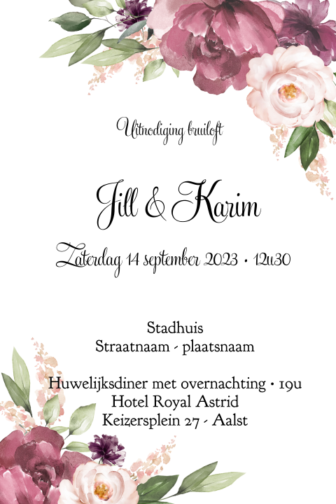 Uitnodiging voor huwelijk met prachtige roze en paarse bloemen