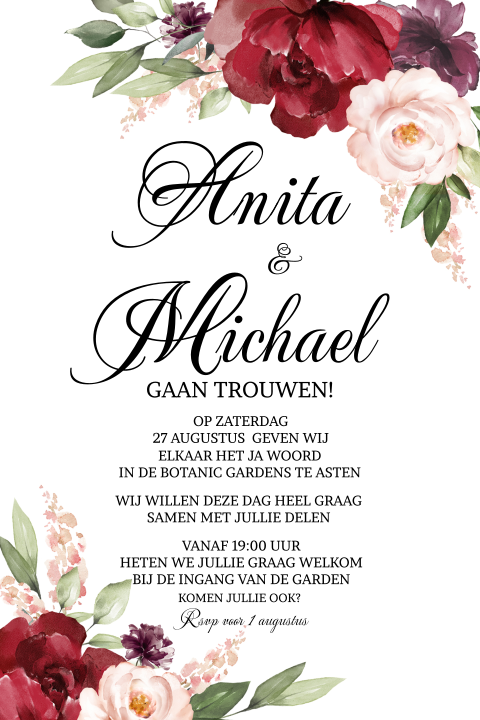 Uitnodiging voor huwelijk met prachtige roze en rode bloemen