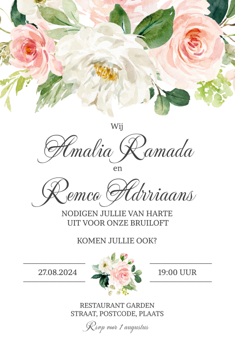 Uitnodiging voor huwelijk met prachtige roze en witte bloemen