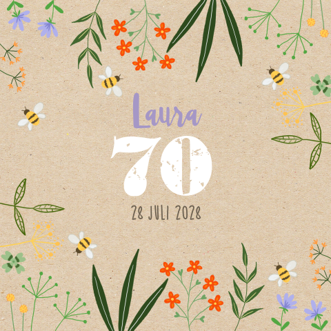 Uitnodigingskaart 70e verjaardag met bloemen op kraft