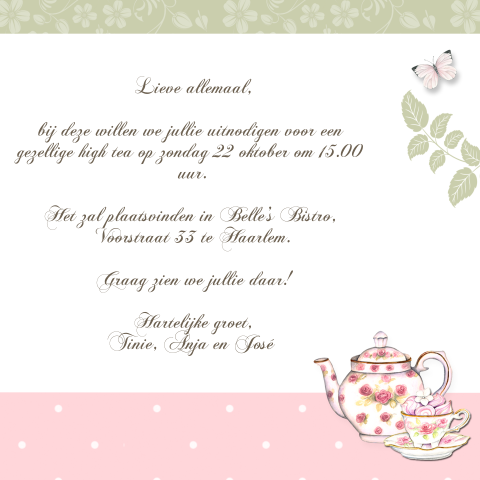 Uitnodigingskaart high tea feestje vrouw