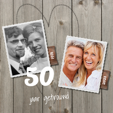 Uitnodigingskaart hout 50 jaar getrouwd met oude foto
