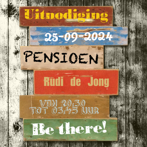 Uitnodigingskaart pensioen gekleurd hout tekstborden