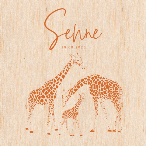 Unisex geboortekaartje op echt hout met giraffe  voor jongen en meisje