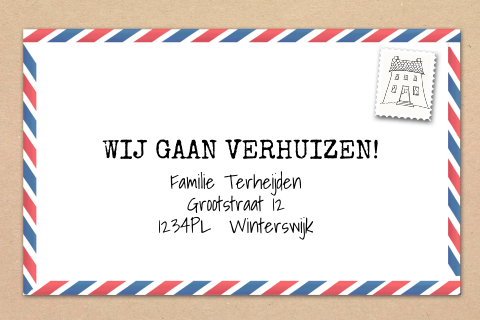 Trendy verhuis postkaart met tekst en postzegel