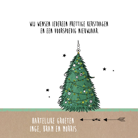 Leuke getekende kerst en verhuiskaart van leuke mini met kerstboom