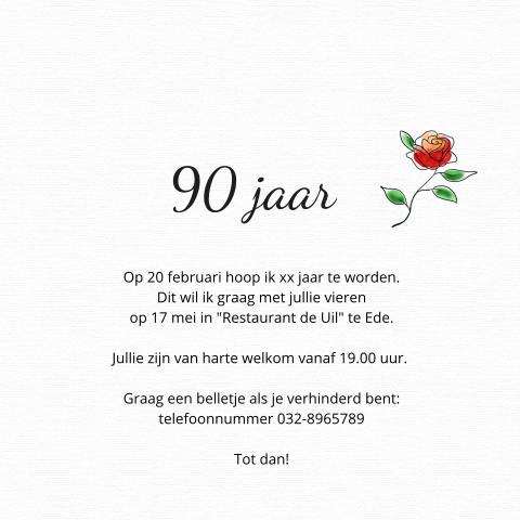 Uitnodiging 90e verjaardag met rode rozen 