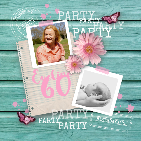 Uitnodiging 60ste verjaardag hout, bloemen en foto