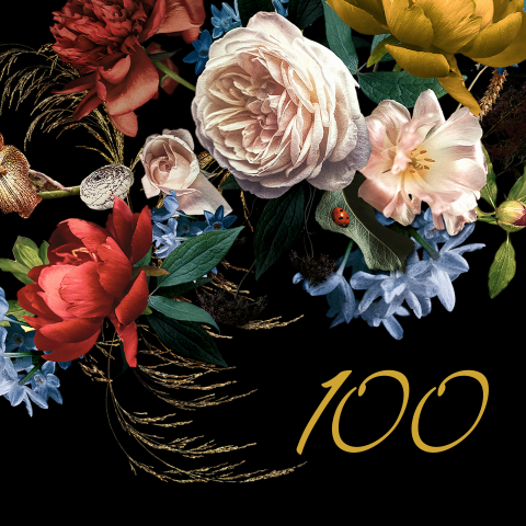 Verjaardagsuitnodiging 100 jaar met bloemen en goudfolie druk