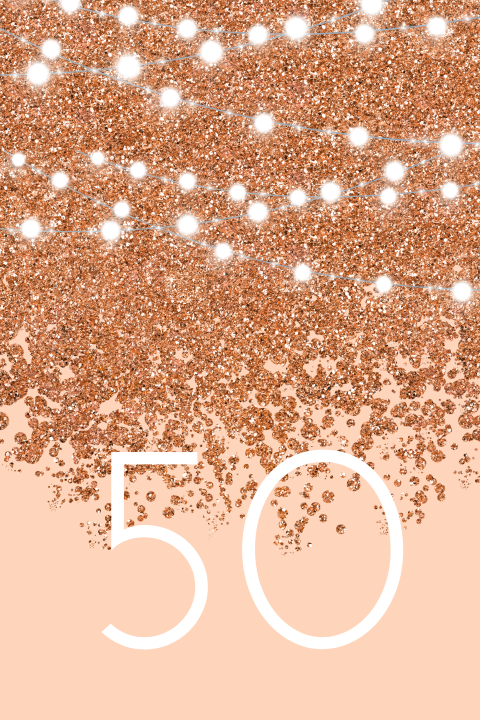 Verjaardagsuitnodiging 50 jaar met koperen glitters