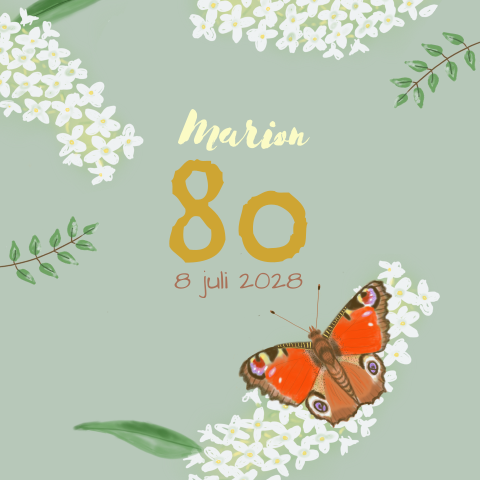 Verjaardagsuitnodiging 80 jaar met vlinder en bloemen