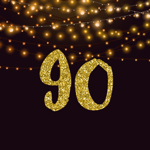 Verjaardagsuitnodiging 90 jaar met gouden glitters
