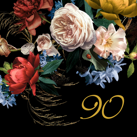 Verjaardagsuitnodiging 90 jaar met bloemen en goudfolie druk
