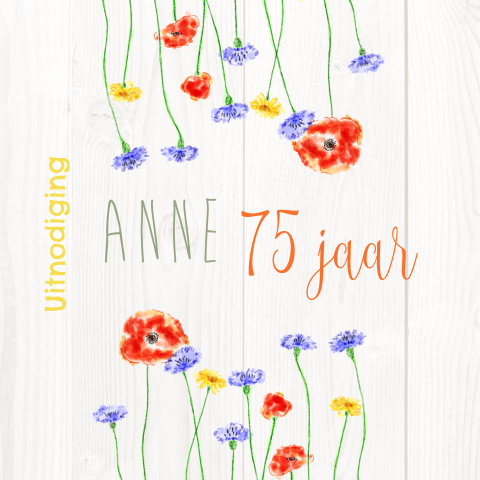 Verjaardagsuitnodiging veldbloemen aquarel 75 hout