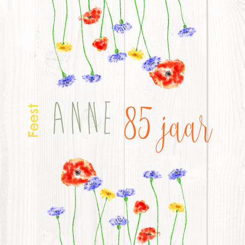 Verjaardagsuitnodiging veldbloemen aquarel 85 hout