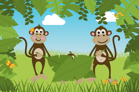 Vrolijk geboortekaartje met aapjes in oerwoud voor jongen