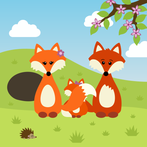 Vrolijk geboortekaartje voor meisje met vosjes in lente-zomer