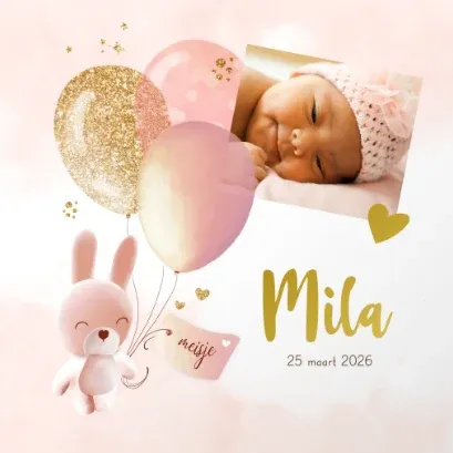 Geboortekaartje Mila met foto en ballonnen