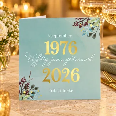 Jubileumkaart voor 50 jaar getrouwd met 1976 en 2026 in goudfolie op een feestelijk gedekte tafel
