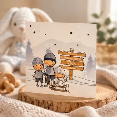 Geboortekaartje Nick met broertjes op een slee, staand op een boomschijf naast een knuffelkonijn
