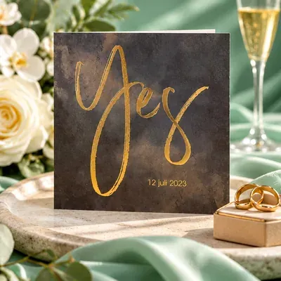 Donkere trouwkaart met ‘Yes’ in goudfolie op een mintgroene achtergrond, met witte rozen, trouwringen en een glas champagne