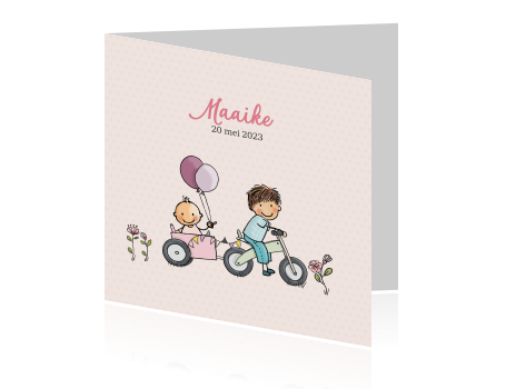 Getekend geboortekaartje broer en baby meisje met loopfiets