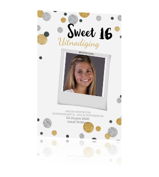 Nieuw Sweet 16 uitnodiging met confetti in zilver en goudlook met foto IY-96