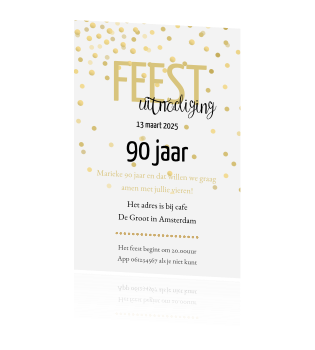 Betere Stijlvolle trendy uitnodiging met gouden confetti 90 jaar NZ-94