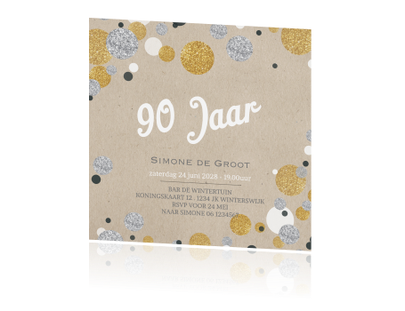 Wonderlijk Uitnodiging 90 jaar enkel met confetti in zilver en goudlook KG-28